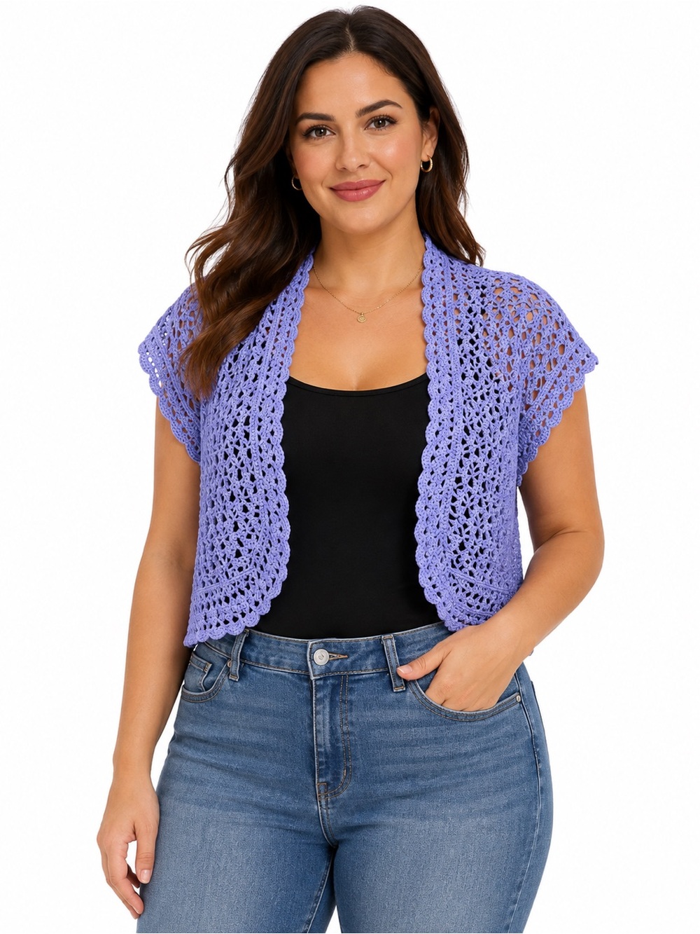 Lavender Crochet Open-Front Cropped Shrug